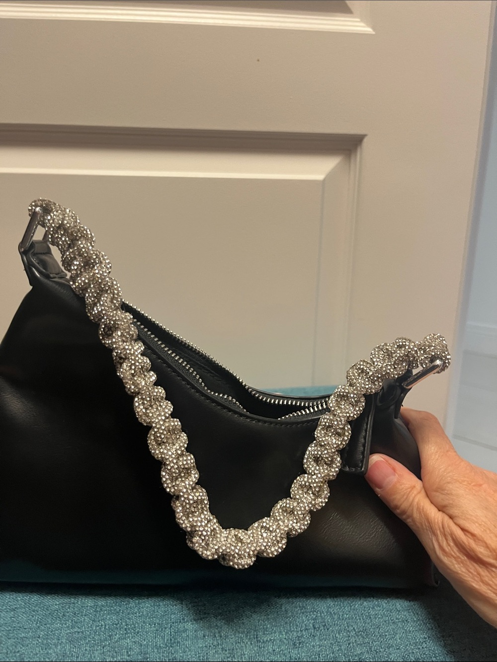 Madison West Black Shoulder Bag with Crystal Braided Handle - Picture 3 of 4